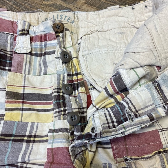 VTG Y2K Hollister Cargo Shorts Men 30 Madras Plaid PatchWork Button Fly Distress - Picture 8 of 9